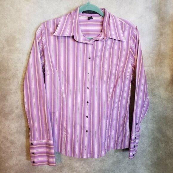 Express Design Studio Womens Sz 10 Purple White Striped Long Sleeve Button Down - Picture 7 of 8